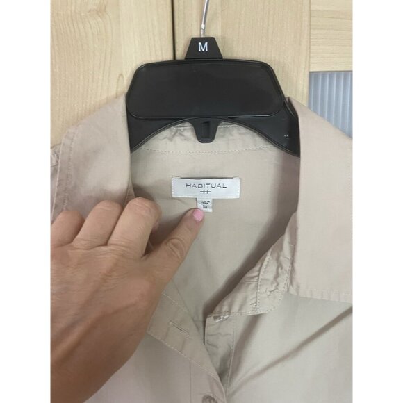 Habitual Womens Shirt Dress Sz M Beige Tan Short Sleeve Midi Preppy Coastal - Picture 4 of 7